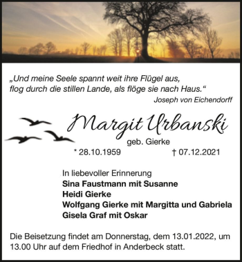 Traueranzeige von Margit Urbanski (geb. Gierke)  von Magdeburger Volksstimme