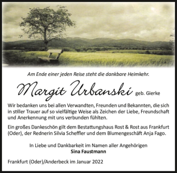 Traueranzeige von Margit Urbanski (geb. Gierke)  von Magdeburger Volksstimme