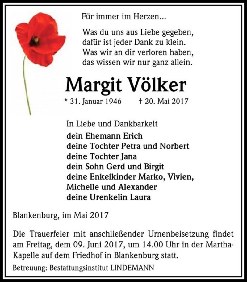  Traueranzeige für Margit Völker  vom 27.05.2017 aus Magdeburger Volksstimme