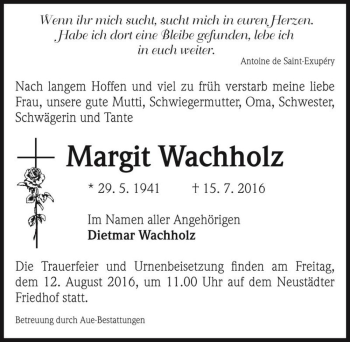 Traueranzeige von Margit Wachholz  von Magdeburger Volksstimme