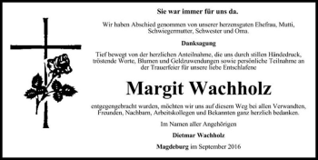 Traueranzeige von Margit Wachholz  von Magdeburger Volksstimme