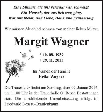 Traueranzeige von Margit Wagner  von Magdeburger Volksstimme