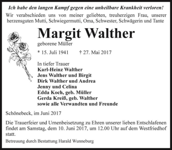 Traueranzeige von Margit Walther (geb. Müller)  von Magdeburger Volksstimme