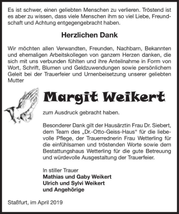 Traueranzeige von Margit Weikert  von Magdeburger Volksstimme