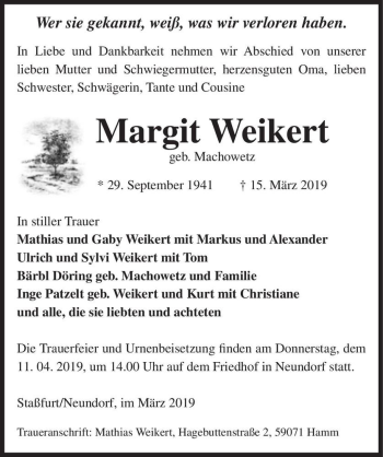 Traueranzeige von Margit Weikert (geb. Machowetz)  von Magdeburger Volksstimme