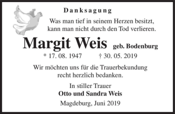Traueranzeige von Margit Weis (geb. Bodenburg)  von Magdeburger Volksstimme