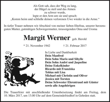 Traueranzeige von Margit Werner (geb. Herold)  von Magdeburger Volksstimme