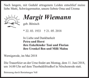 Traueranzeige von Margit Wiemann (geb. Bönisch)  von Magdeburger Volksstimme