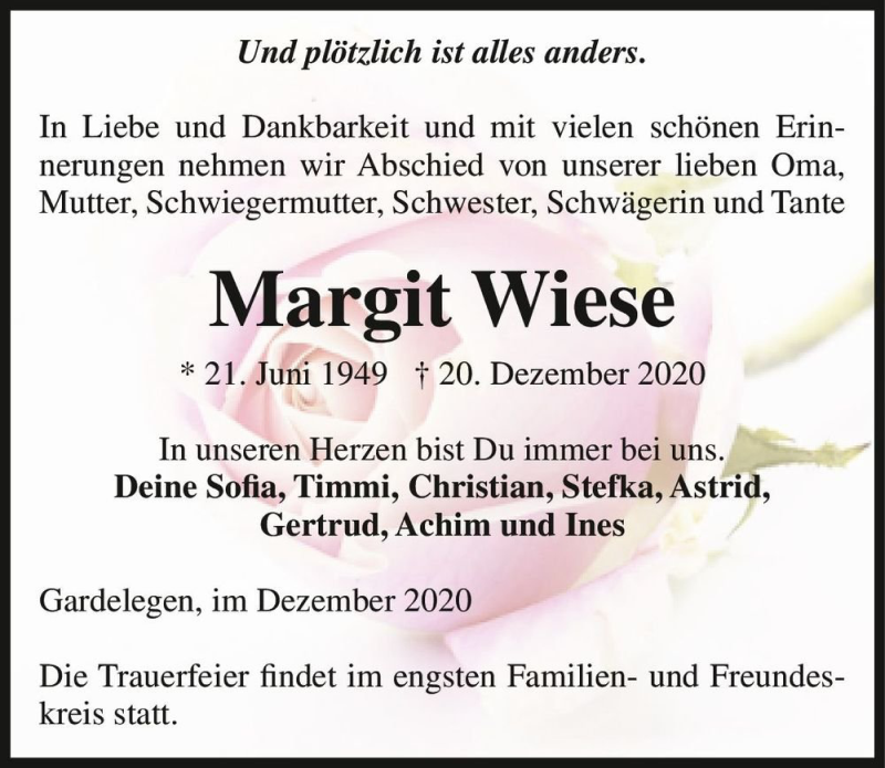  Traueranzeige für Margit Wiese  vom 31.12.2020 aus Magdeburger Volksstimme