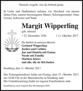 Traueranzeige von Margit Wipperling (geb. Ahrend)  von Magdeburger Volksstimme