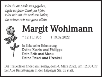 Traueranzeige von Margit Wohlmann  von Magdeburger Volksstimme