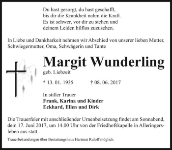 Traueranzeige von Margit Wunderling (geb. Liebzeit)  von Magdeburger Volksstimme