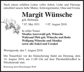 Traueranzeige von Margit Wünsche (geb. Hofmann)  von Magdeburger Volksstimme