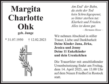 Traueranzeige von Margita Charlotte Ohk (geb. Junge)  von Magdeburger Volksstimme
