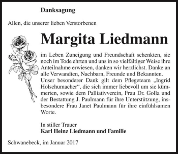 Traueranzeige von Margita Liedmann  von Magdeburger Volksstimme