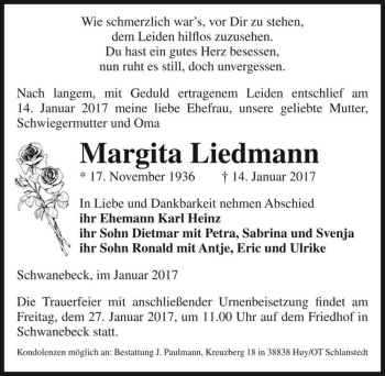 Traueranzeige von Margita Liedmann  von Magdeburger Volksstimme