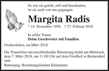 Traueranzeige von Margita Radis  von Magdeburger Volksstimme
