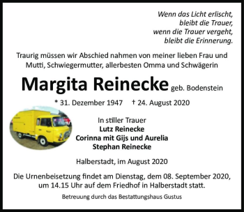 Traueranzeige von Margita Reinecke (geb. Bodenstein)  von Magdeburger Volksstimme