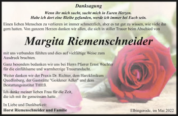 Traueranzeige von Margita Riemenschneider  von Magdeburger Volksstimme