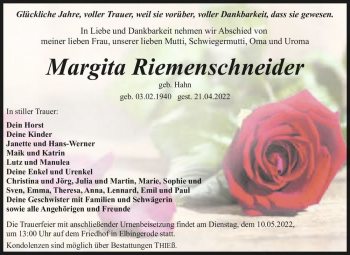 Traueranzeige von Margita Riemenschneider (geb. Hahn)  von Magdeburger Volksstimme