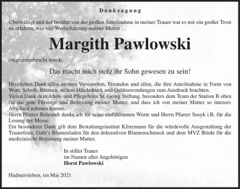 Traueranzeige von Margith Pawlowski  von Magdeburger Volksstimme