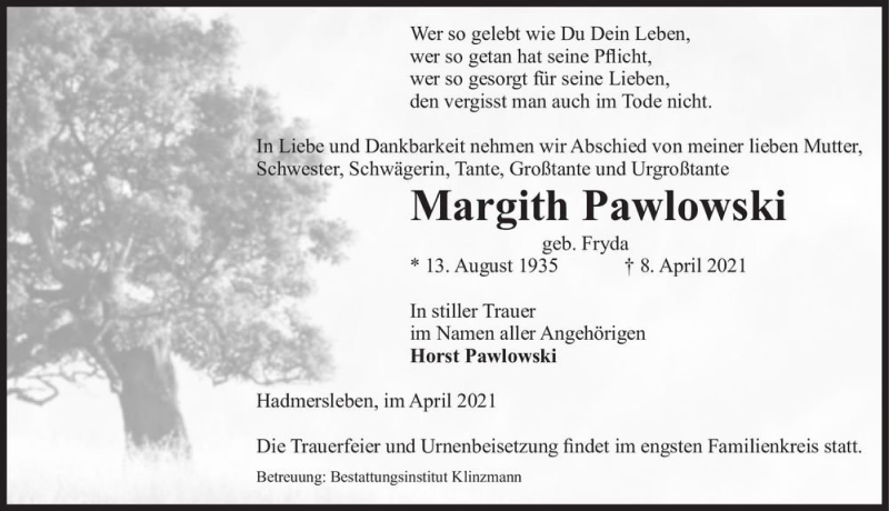  Traueranzeige für Margith Pawlowski (geb. Fryda)  vom 17.04.2021 aus Magdeburger Volksstimme