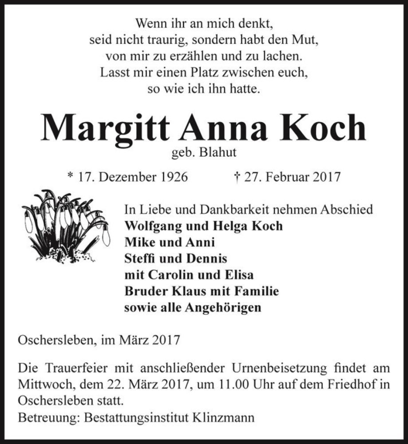  Traueranzeige für Margitt Anna Koch (geb. Blahut)  vom 06.03.2017 aus Magdeburger Volksstimme