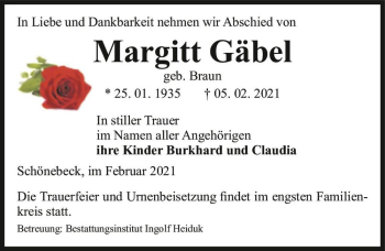 Traueranzeige von Margitt Gäbel (geb. Braun)  von Magdeburger Volksstimme
