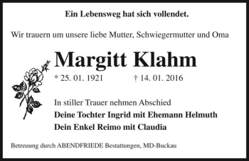 Traueranzeige von Margitt Klahm  von Magdeburger Volksstimme