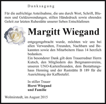 Traueranzeige von Margitt Wiegand  von Magdeburger Volksstimme