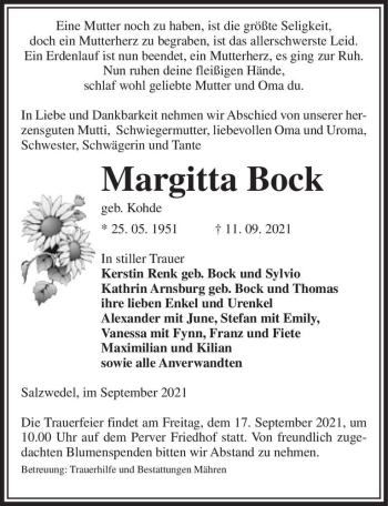 Traueranzeige von Margitta Bock (geb. Kohde)  von Magdeburger Volksstimme