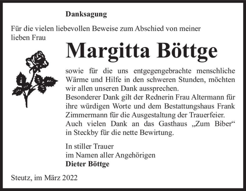  Traueranzeige für Margitta Böttge  vom 26.03.2022 aus Magdeburger Volksstimme