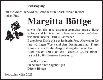 Traueranzeige von Margitta Böttge  von Magdeburger Volksstimme