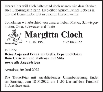 Traueranzeige von Margitta Cioch  von Magdeburger Volksstimme