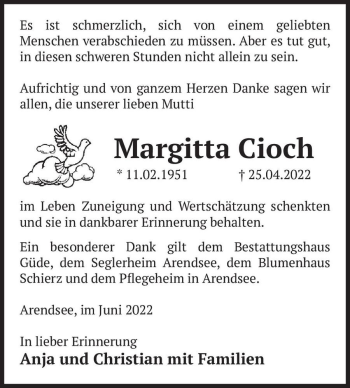 Traueranzeige von Margitta Cioch  von Magdeburger Volksstimme