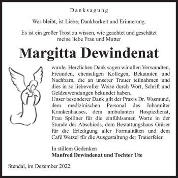 Traueranzeige von Margitta Dewindenat  von Magdeburger Volksstimme