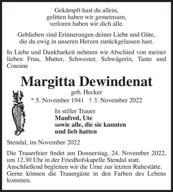 Traueranzeige von Margitta Dewindenat (geb. Hecker)  von Magdeburger Volksstimme