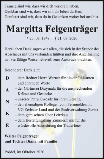 Traueranzeige von Margitta Felgenträger  von Magdeburger Volksstimme