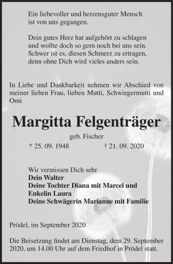 Traueranzeige von Margitta Felgenträger (geb. Fischer)  von Magdeburger Volksstimme