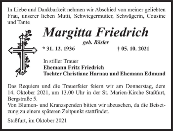 Traueranzeige von Margitta Friedrich (geb. Rösler)  von Magdeburger Volksstimme