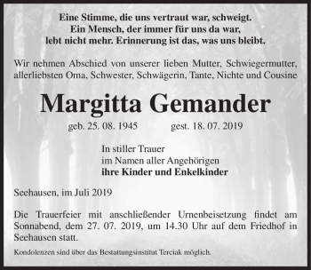 Traueranzeige von Margitta Gemander  von Magdeburger Volksstimme