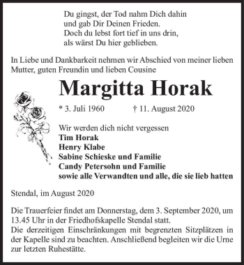 Traueranzeige von Margitta Horak  von Magdeburger Volksstimme