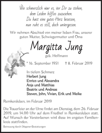 Traueranzeige von Margitta Jung ( geb. Hoffmann)  von Magdeburger Volksstimme
