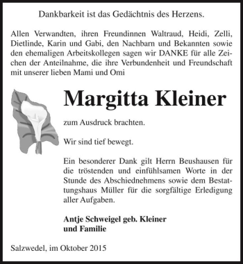 Traueranzeige von Margitta Kleiner  von Magdeburger Volksstimme