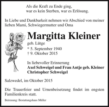 Traueranzeige von Margitta Kleiner (geb. Lütge)  von Magdeburger Volksstimme