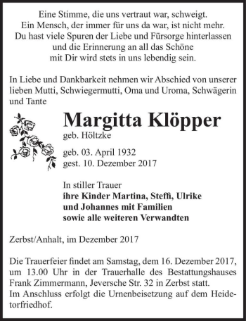 Traueranzeige von Margitta Klöpper (geb. Höltzke)  von Magdeburger Volksstimme
