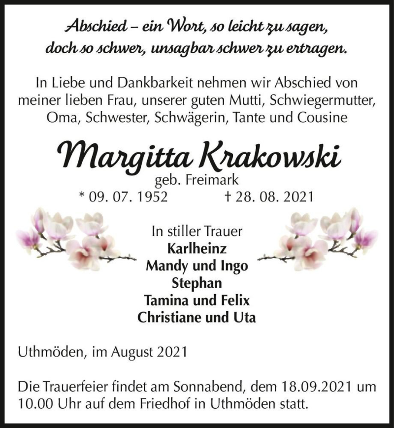  Traueranzeige für Margitta Krakowski (geb. Freimark)  vom 04.09.2021 aus Magdeburger Volksstimme