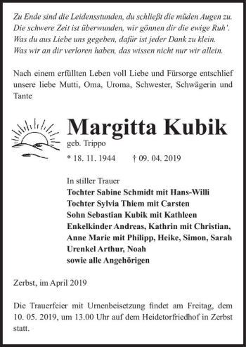 Traueranzeige von Margitta Kubik (geb. Trippo)  von Magdeburger Volksstimme