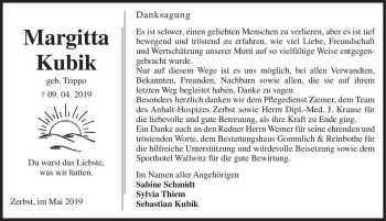 Traueranzeige von Margitta Kubik (geb. Trippo)  von Magdeburger Volksstimme