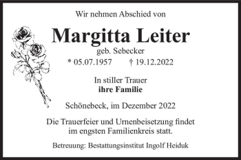 Traueranzeige von Margitta Leiter (geb. Sebecker)  von Magdeburger Volksstimme